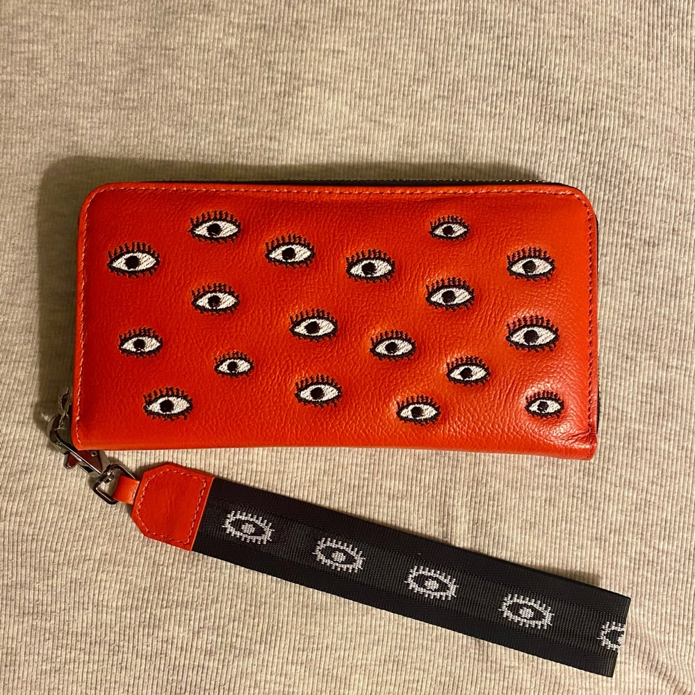 Min & Mon Orange/Red Eye-Embellished Zip Wallet with Wristlet Strap Cross-posted